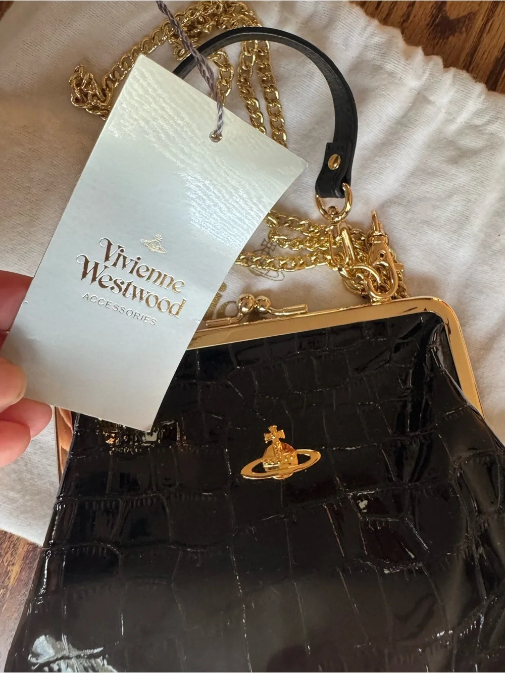 Vivienne Westwood Black Patent Croc-Embossed Frame Clutch with Gold Hardware